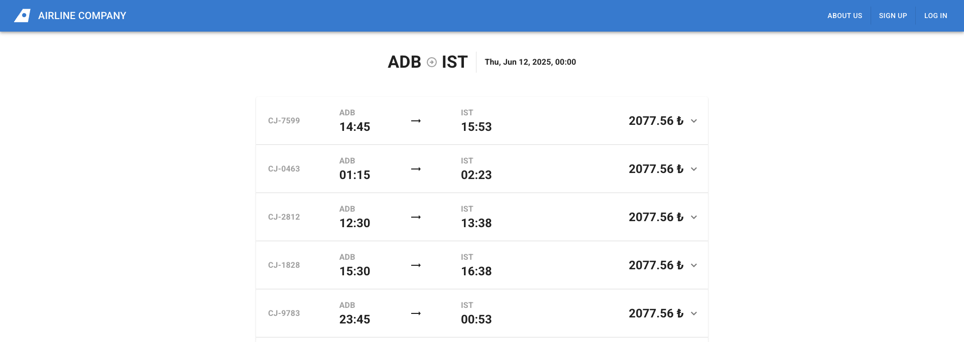Flight Listing Screenshot